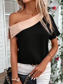 SHEIN Privé 雙色不對稱領紐扣細節襯衫 - 黑色 - 查看 6