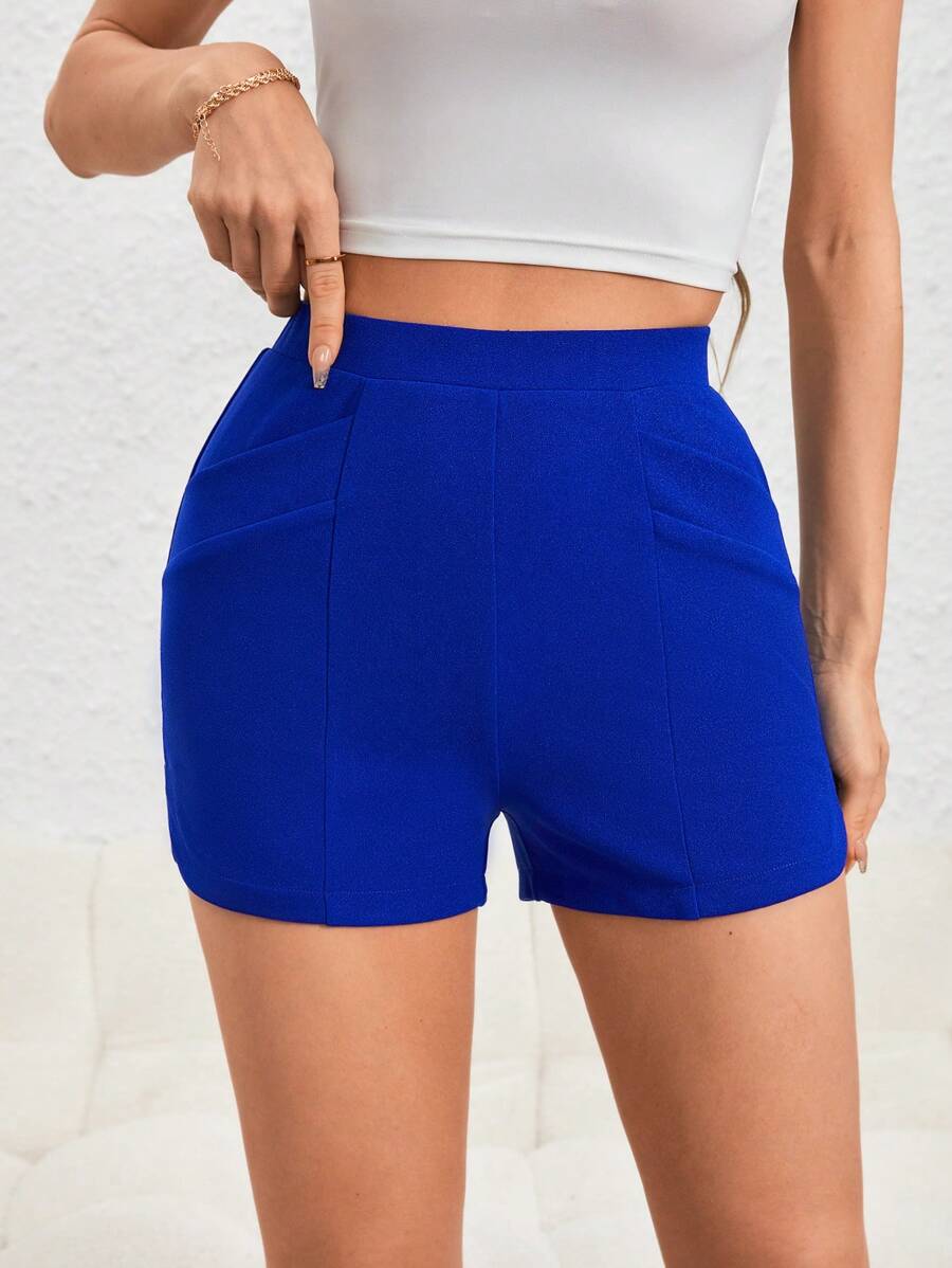 SHEIN Essnce 高腰素色短褲 - 寶藍色 - 查看 1