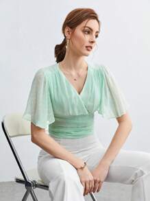 BizChic Surplice Neck Butterfly Sleeve Ruched Top Workwear - Mint Green - View 1
