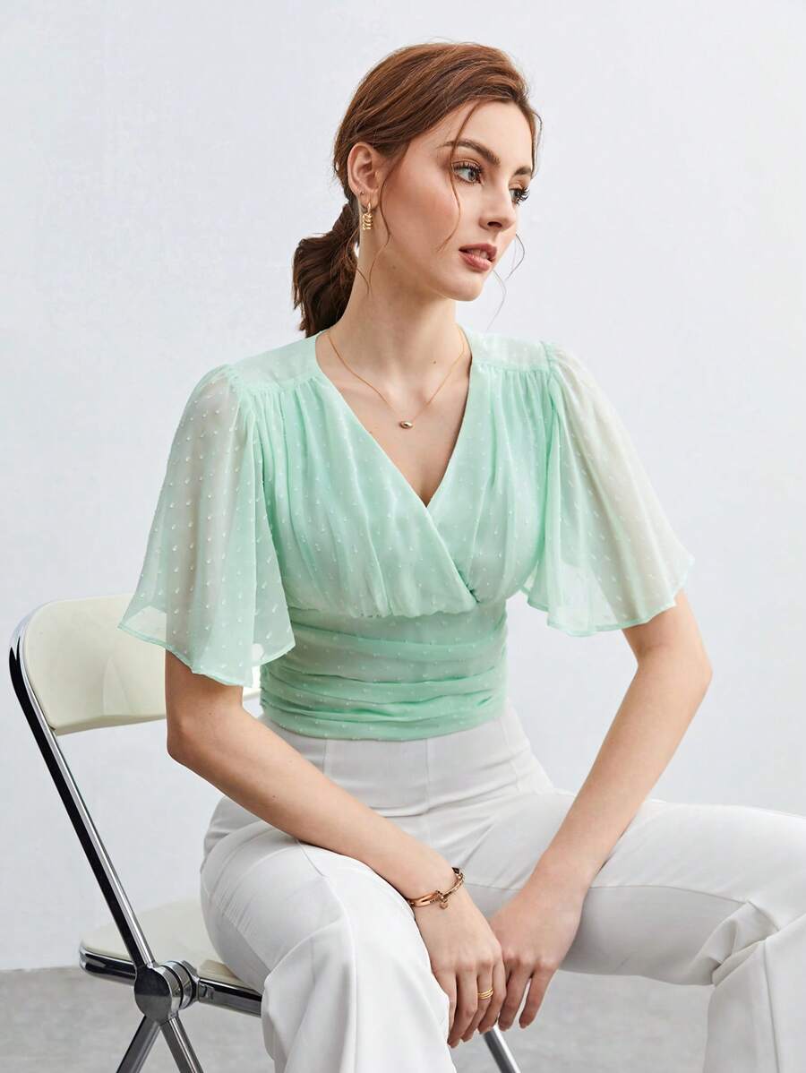 BizChic Surplice Neck Butterfly Sleeve Ruched Top Workwear - Mint Green - View 1