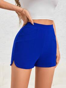 SHEIN Essnce 高腰素色短褲 - 寶藍色 - 查看 5