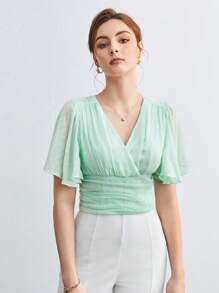 BizChic Surplice Neck Butterfly Sleeve Ruched Top Workwear - Mint Green - View 3
