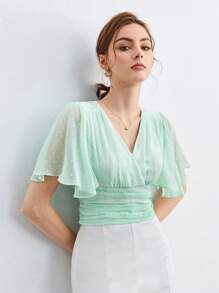 BizChic Surplice Neck Butterfly Sleeve Ruched Top Workwear - Mint Green - View 5