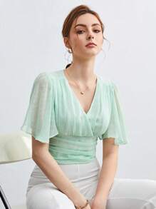 BizChic Surplice Neck Butterfly Sleeve Ruched Top Workwear - Mint Green - View 7