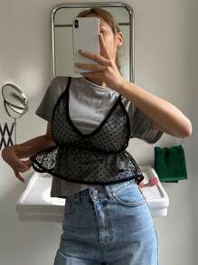 DAZY 1件dobby網紗荷葉邊背心上衣 - 黑色 - 查看 1