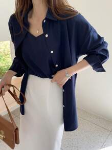 DAZY Áo sơ mi nữ Nút phía trước màu trơn Giải trí - Màu xanh hải quân - Xem 1