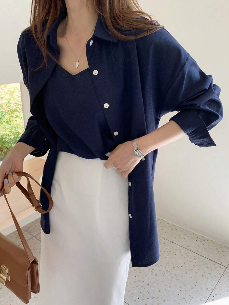 DAZY Áo sơ mi nữ Nút phía trước màu trơn Giải trí - Màu xanh hải quân - Xem 1