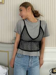 DAZY 1件dobby網紗荷葉邊背心上衣 - 黑色 - 查看 5