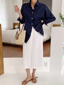 DAZY Áo sơ mi nữ Nút phía trước màu trơn Giải trí - Màu xanh hải quân - Xem 3