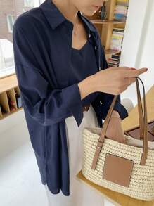 DAZY Áo sơ mi nữ Nút phía trước màu trơn Giải trí - Màu xanh hải quân - Xem 4