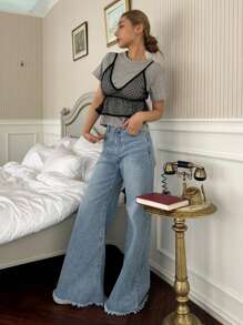 DAZY 1件dobby網紗荷葉邊背心上衣 - 黑色 - 查看 7