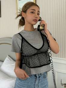 DAZY 1件dobby網紗荷葉邊背心上衣 - 黑色 - 查看 8