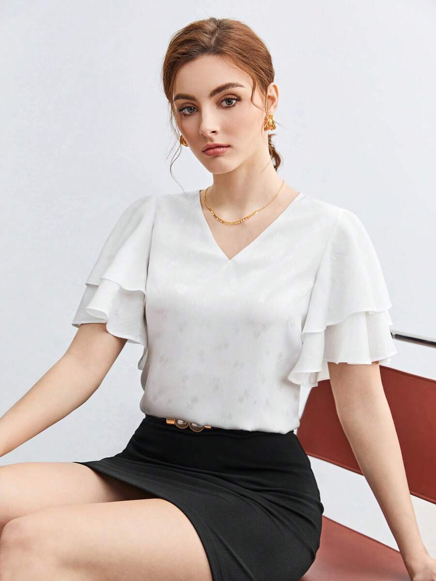 BizChic Cổ chữ V áo tay bướm Chất rắn Áo Trang phục làm việc - trắng - Xem 1