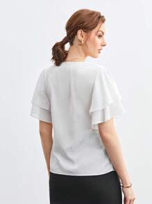 BizChic Cổ chữ V áo tay bướm Chất rắn Áo Trang phục làm việc - trắng - Xem 2