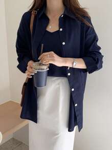 DAZY Áo sơ mi nữ Nút phía trước màu trơn Giải trí - Màu xanh hải quân - Xem 9