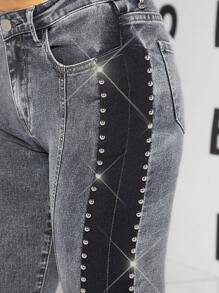 拼接側縫鉚釘緊身牛仔褲 - 深色水洗藍 - 查看 3