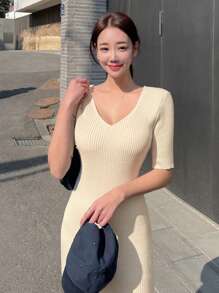 DAZY Vestido ajustado unicolor tejido de canalé