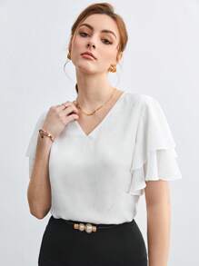 BizChic Cổ chữ V áo tay bướm Chất rắn Áo Trang phục làm việc - trắng - Xem 3