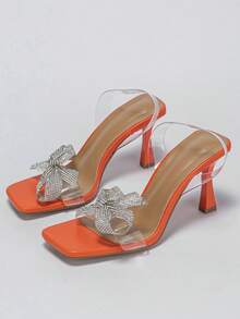 魅力四射橘色涼鞋適用於水鑽和蝴蝶結裝飾酒杯高跟露跟涼鞋 - 橘色 - 查看 3