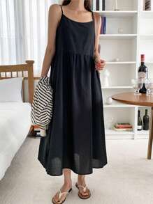 DAZY 素色吊帶連衣裙 - 黑色 - 查看 2