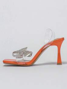 魅力四射橘色涼鞋適用於水鑽和蝴蝶結裝飾酒杯高跟露跟涼鞋 - 橘色 - 查看 5