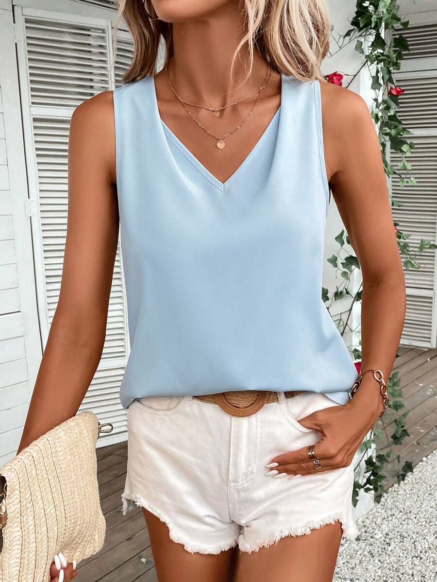 SHEIN LUNE 素色無袖襯衫 - 薄荷藍 - 查看 1