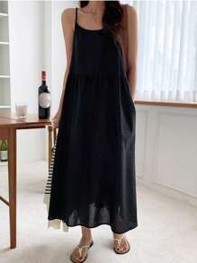 DAZY 素色吊帶連衣裙 - 黑色 - 查看 7