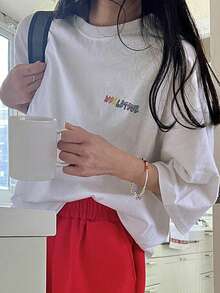 DAZY Letter Graphic Drop Shoulder Tee - White - View 6