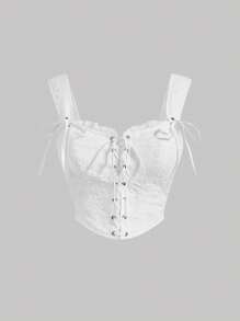 SHEIN MOD Plus Lace Up Front Frill Trim Wide Strap Top Corset Top - White - View 1