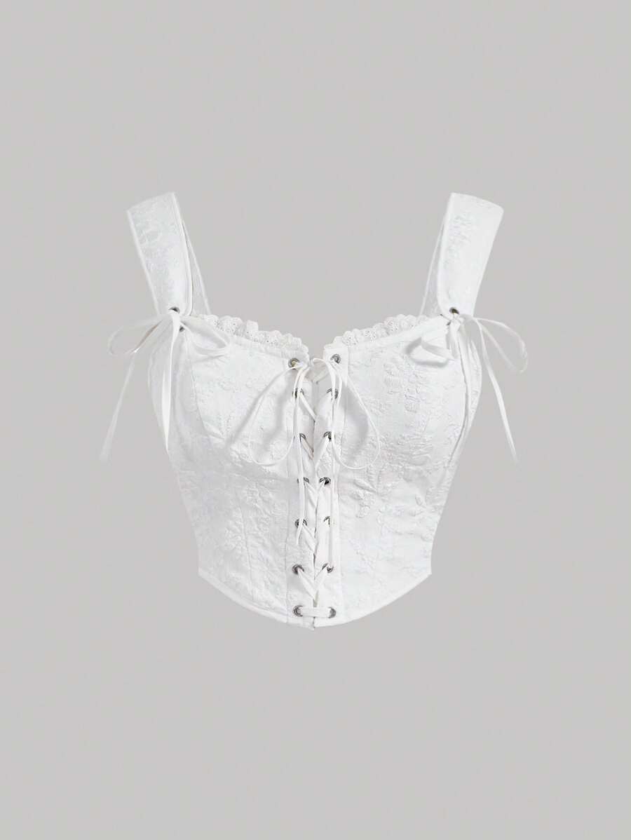 SHEIN MOD Plus Lace Up Front Frill Trim Wide Strap Top Corset Top - White - View 1