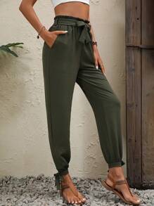 SHEIN LUNE Quần nữ Thắt nút Thắt nơ trước Quần paper-bag màu trơn Giải trí - xanh quân đội - Xem 1