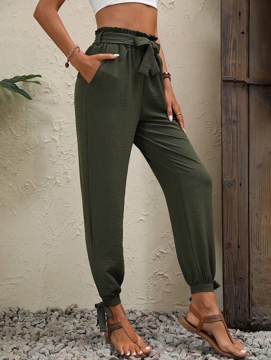 SHEIN LUNE Quần nữ Thắt nút Thắt nơ trước Quần paper-bag màu trơn Giải trí - xanh quân đội - Xem 1