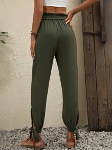 SHEIN LUNE Quần nữ Thắt nút Thắt nơ trước Quần paper-bag màu trơn Giải trí - xanh quân đội - Xem 2