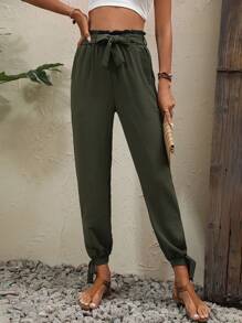 SHEIN LUNE Quần nữ Thắt nút Thắt nơ trước Quần paper-bag màu trơn Giải trí - xanh quân đội - Xem 3