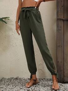 SHEIN LUNE Quần nữ Thắt nút Thắt nơ trước Quần paper-bag màu trơn Giải trí - xanh quân đội - Xem 4