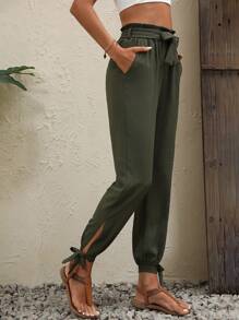 SHEIN LUNE Quần nữ Thắt nút Thắt nơ trước Quần paper-bag màu trơn Giải trí - xanh quân đội - Xem 5