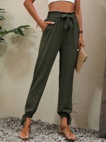 SHEIN LUNE Quần nữ Thắt nút Thắt nơ trước Quần paper-bag màu trơn Giải trí - xanh quân đội - Xem 6
