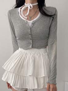 DAZY Áo thun nữ Xù nhỏ Nút phía trước màu trơn Giải trí - Xám - Xem 2