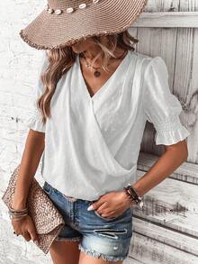 SHEIN Frenchy 素色交疊領泡泡袖襯衫 - 白色 - 查看 6