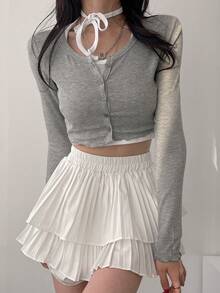 DAZY Áo thun nữ Xù nhỏ Nút phía trước màu trơn Giải trí - Xám - Xem 5