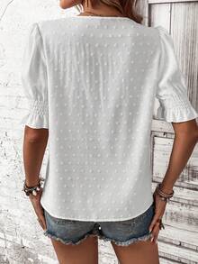 SHEIN Frenchy 素色交疊領泡泡袖襯衫 - 白色 - 查看 2