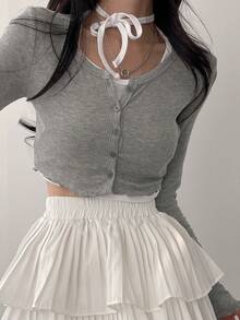 DAZY Áo thun nữ Xù nhỏ Nút phía trước màu trơn Giải trí - Xám - Xem 7