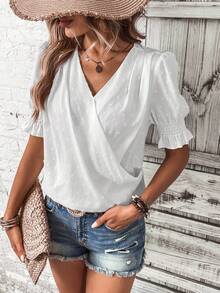 SHEIN Frenchy 素色交疊領泡泡袖襯衫 - 白色 - 查看 3