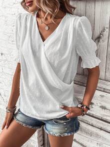 SHEIN Frenchy 素色交疊領泡泡袖襯衫 - 白色 - 查看 5