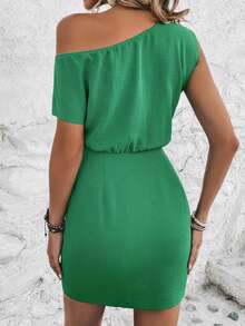 Chiquease Solid Asymmetrical Neck Ruched Draped Detail Dress - Green - View 2