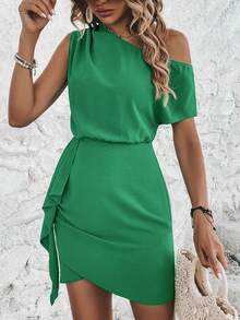 Chiquease Solid Asymmetrical Neck Ruched Draped Detail Dress - Green - View 5