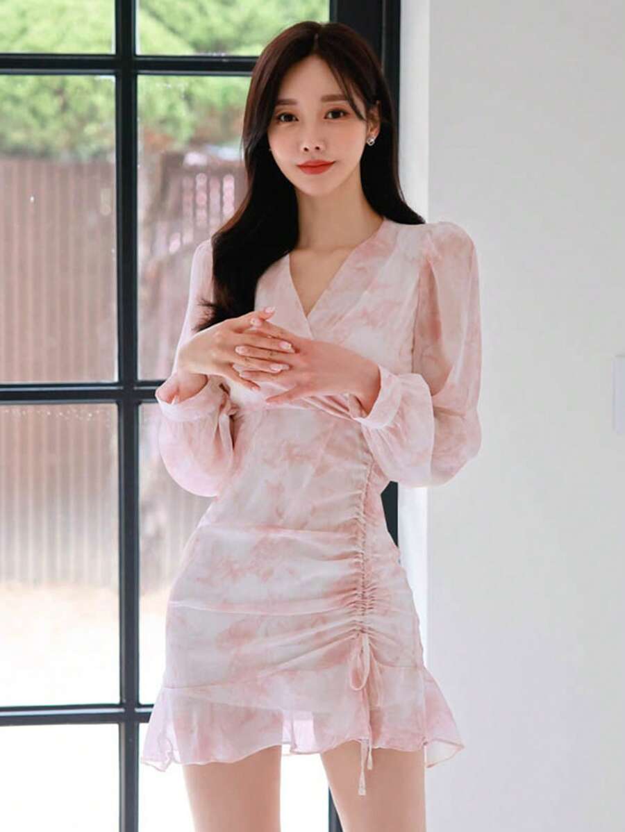 DAZY Allover Print Drawstring Front Ruffle Hem Dress,Mini Dress,Fall Dress - Multicolor - View 1