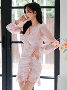 DAZY Allover Print Drawstring Front Ruffle Hem Dress,Mini Dress,Fall Dress - Multicolor - View 3