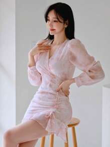 DAZY Allover Print Drawstring Front Ruffle Hem Dress,Mini Dress,Fall Dress - Multicolor - View 4