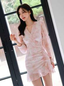 DAZY Allover Print Drawstring Front Ruffle Hem Dress,Mini Dress,Fall Dress - Multicolor - View 5